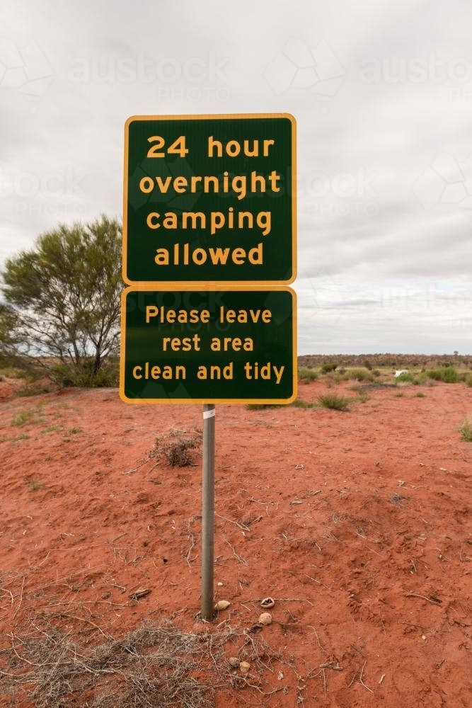 Camping permitted sign in outback Northern Territory - Australian Stock Image