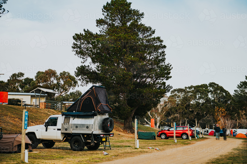camping scene with 4x4 ute and rooftop tent - Australian Stock Image