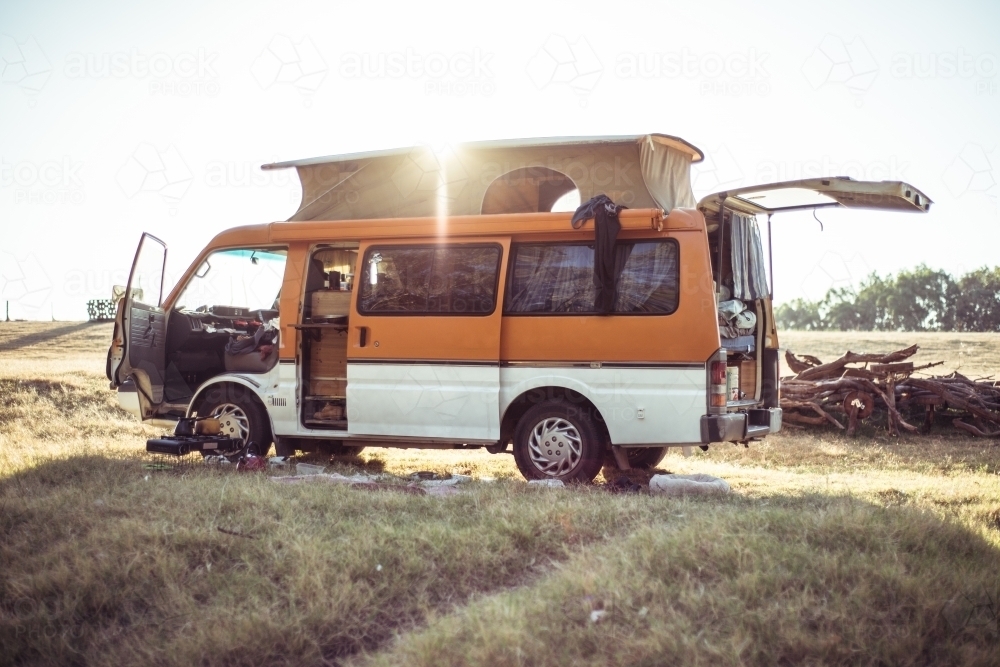 Camping van with doors and boot open with soft top - Australian Stock Image
