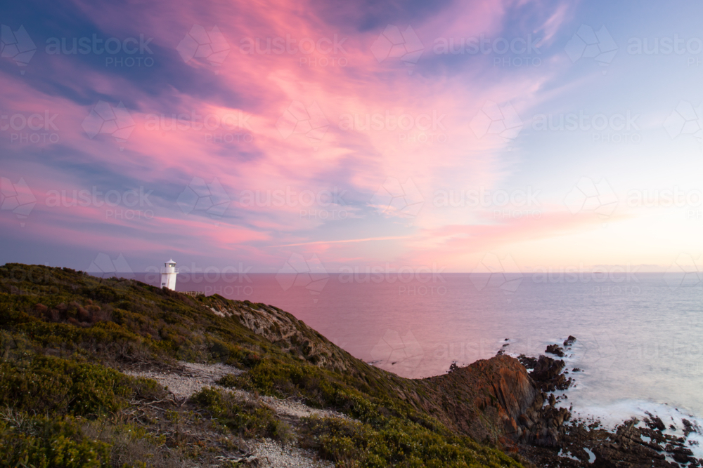 Cape Liptrap lighthouse at sunset on the Bass Coast near Walkerville in Victoria, Australia - Australian Stock Image