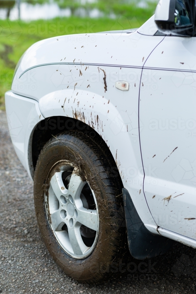 Car Bog Image of Car tyre covered in mud after getting out of bog - Austockphoto
