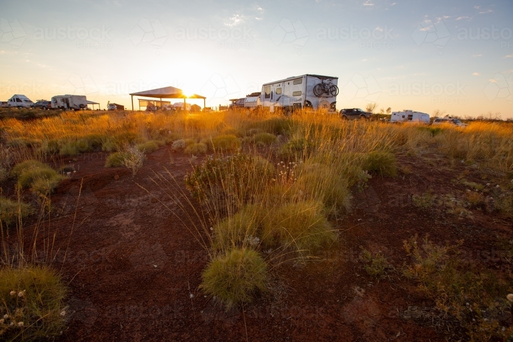 Caravans parked in outback rest area with spinifex - Australian Stock Image