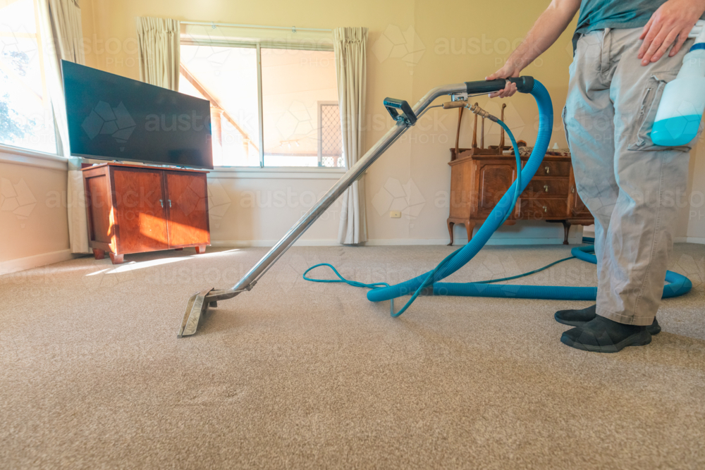 Image of Carpet cleaning professional using steam cleaner in home ...
