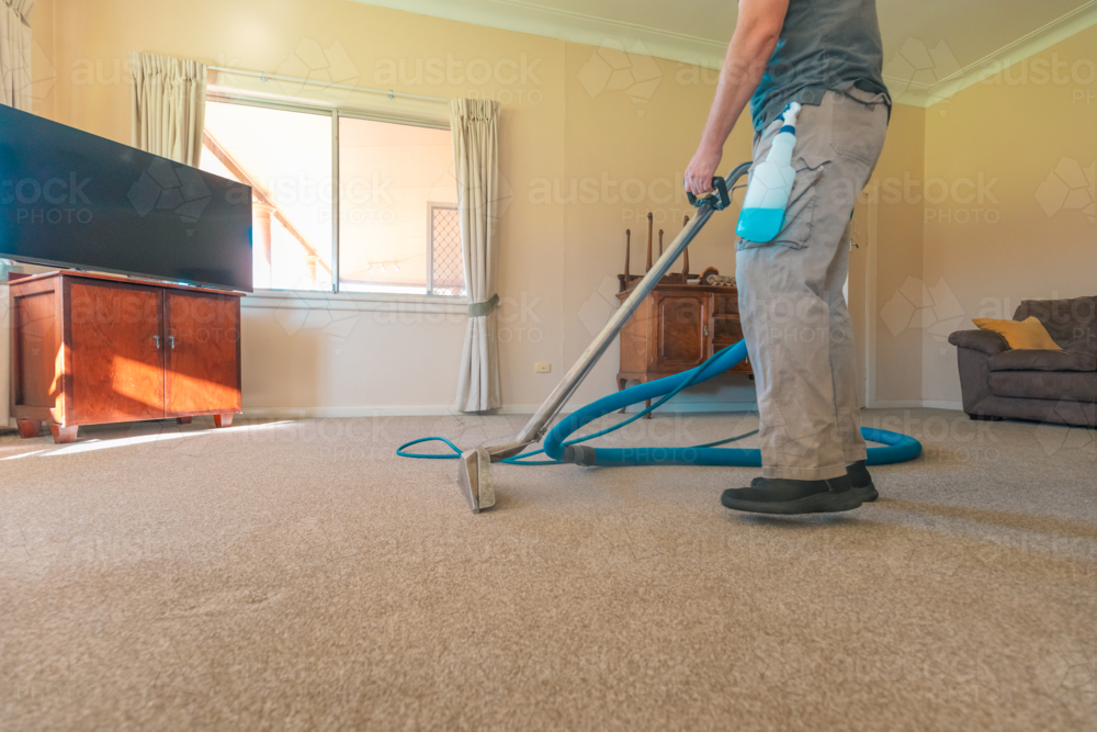 Image of Carpet cleaning professional using steam cleaner in home ...