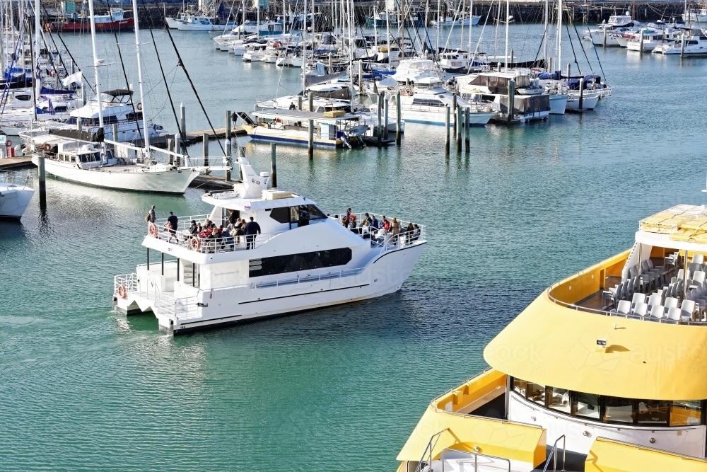 Catamaran leaving marina with whale watching tourist group from Hervey Bay - Australian Stock Image