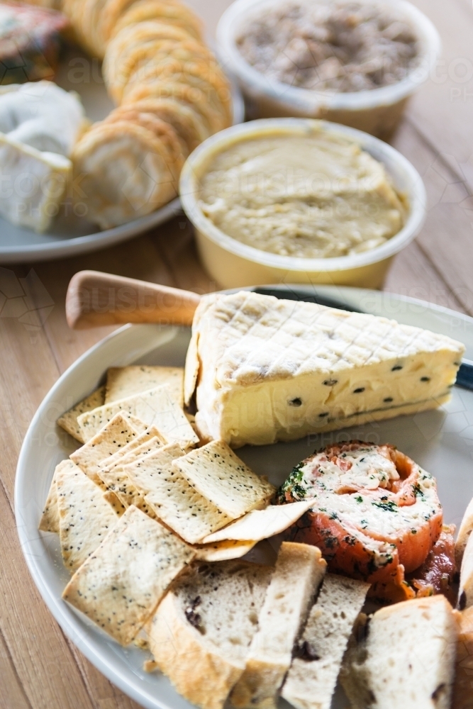 Image of cheese, dips and crackers Austockphoto