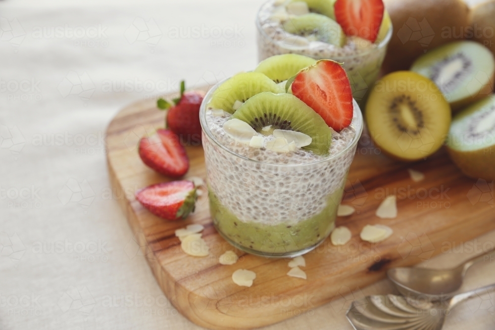 Chia seed pudding with kiwi and strawberry - Australian Stock Image