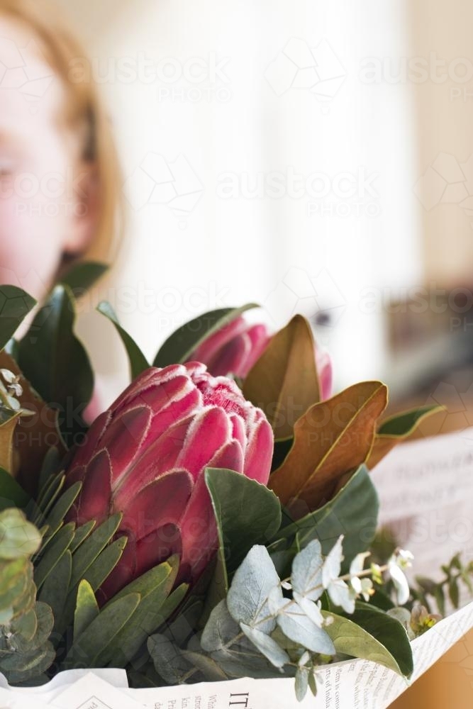 Child holding a bunch of red flowers and gum leaves wrapped in paper - Australian Stock Image