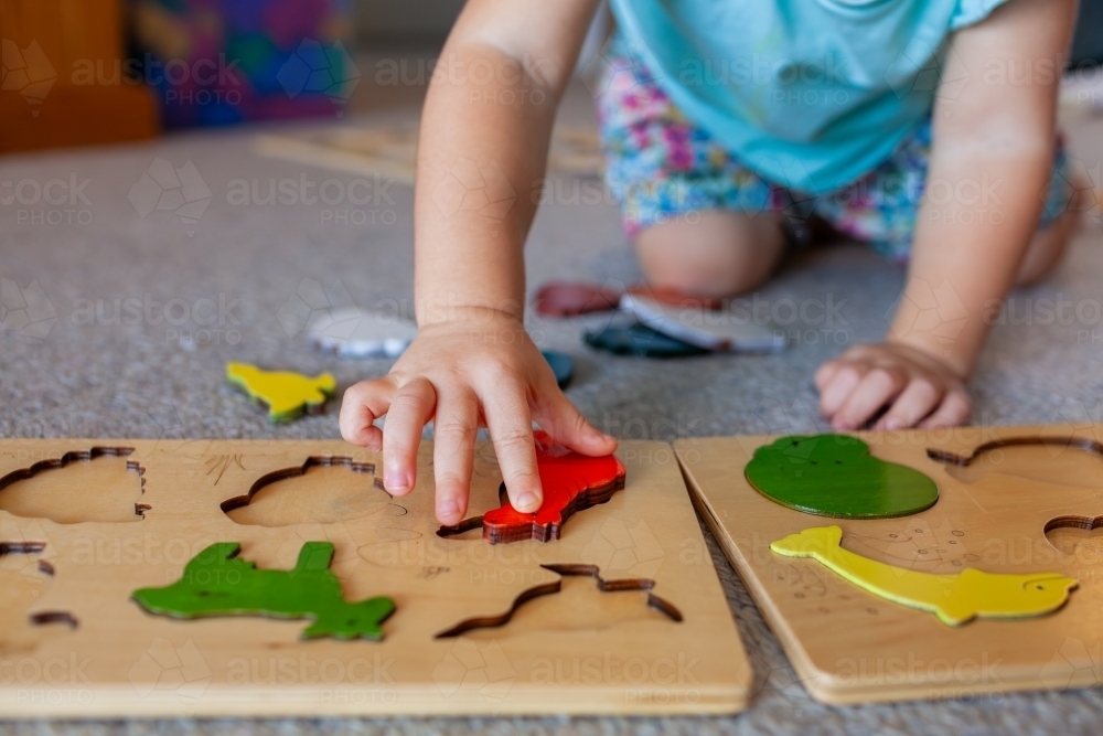 Child playing on floor fitting wooden animal puzzle pieces into board - Australian Stock Image