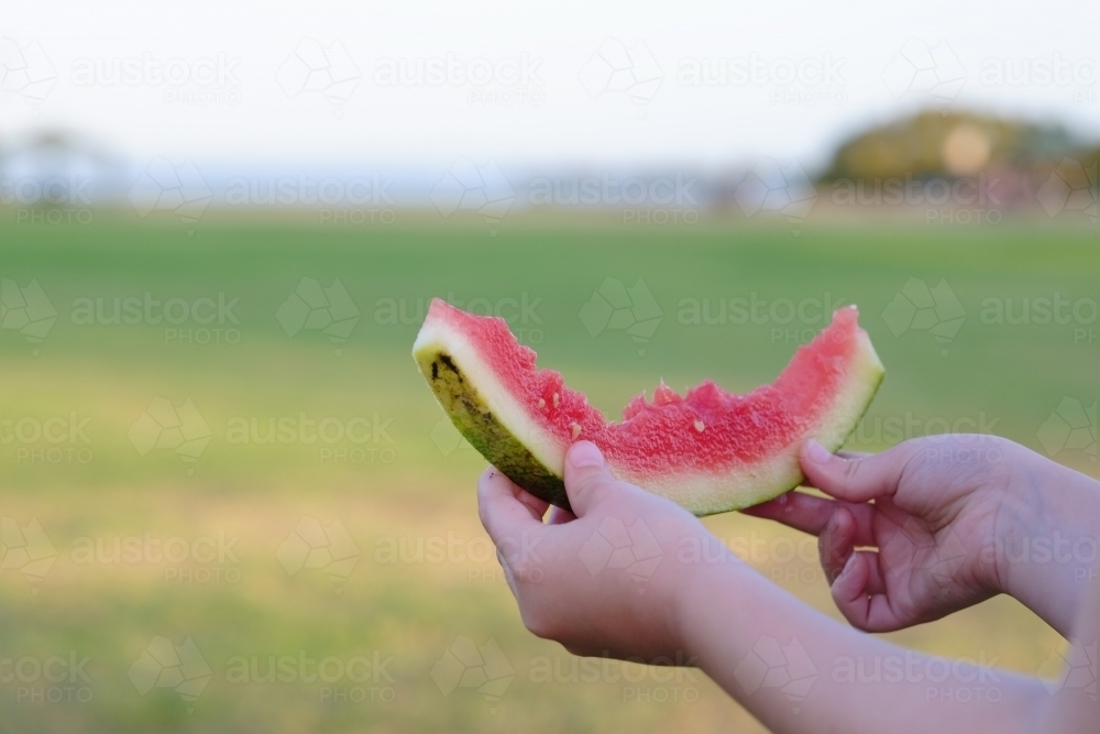 Child's hands holding watermelon in the afternoon sun - Australian Stock Image