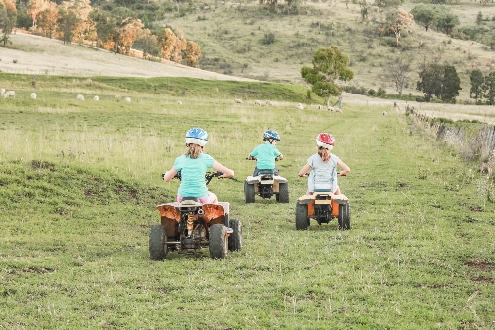 Children on quad bikes riding around farm paddock - Australian Stock Image