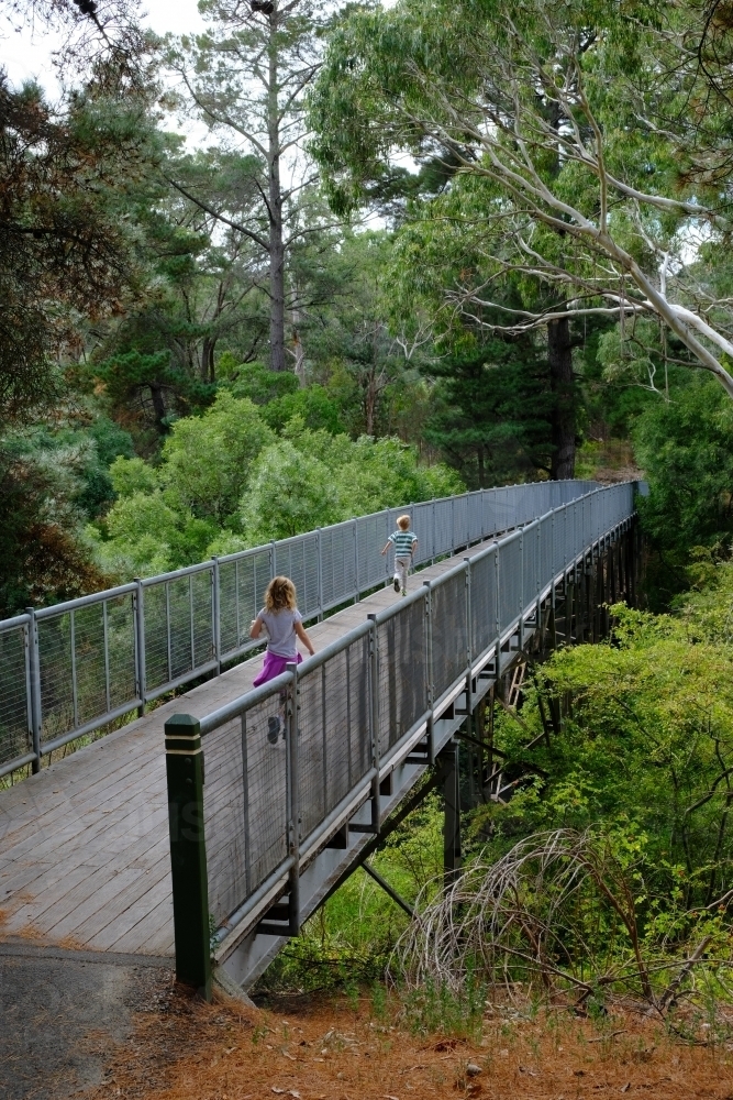 Children running across a bridge at Hepburn Mineral Springs Reserve - Australian Stock Image