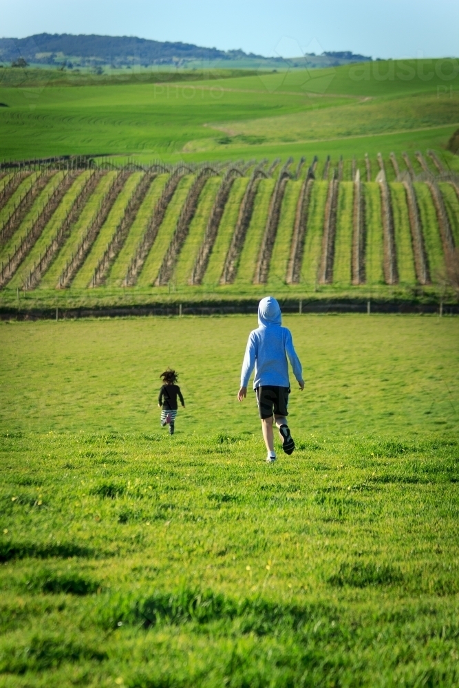 Children running through fields in Barossa Valley - Australian Stock Image