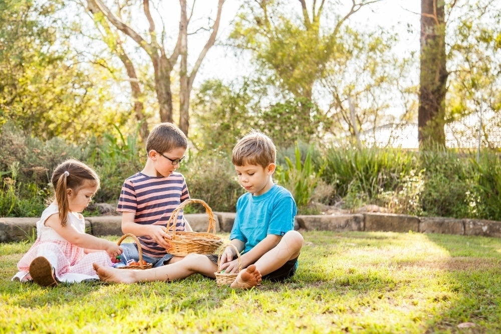 Children sitting on grass sorting out baskets of Easter eggs - Australian Stock Image