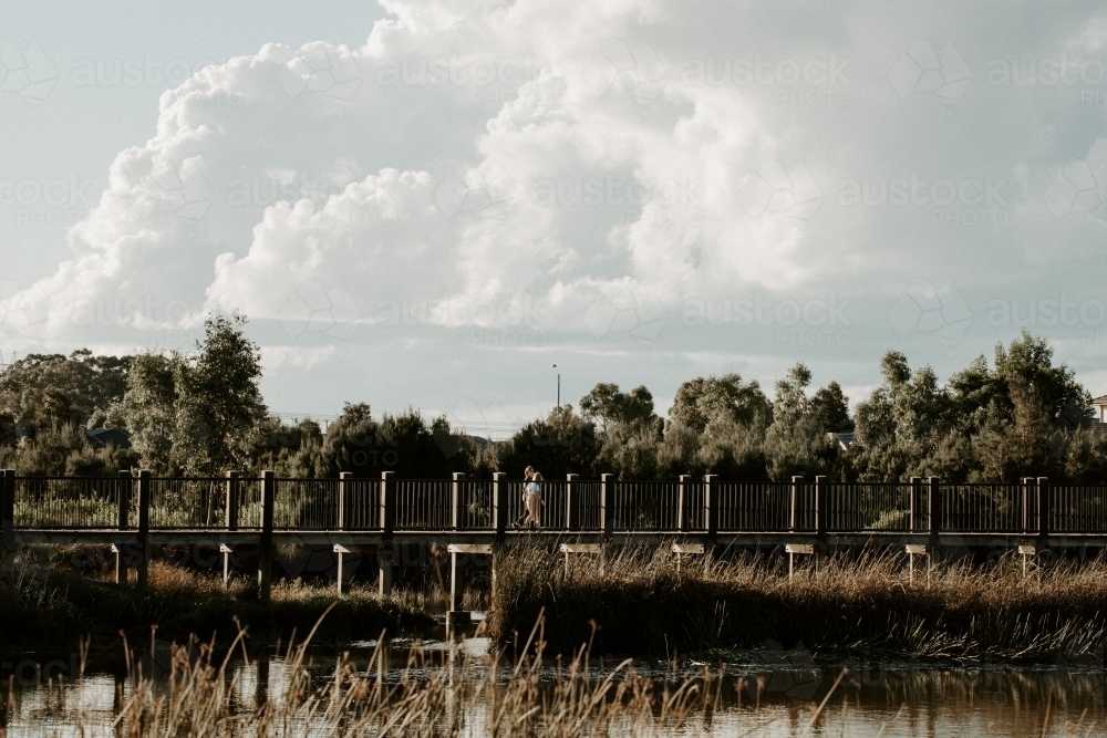 Children walk along a boardwalk in a nature reserve park - Australian Stock Image