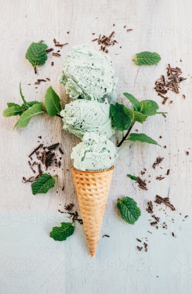 Chocolate and mint ice cream cone - Australian Stock Image