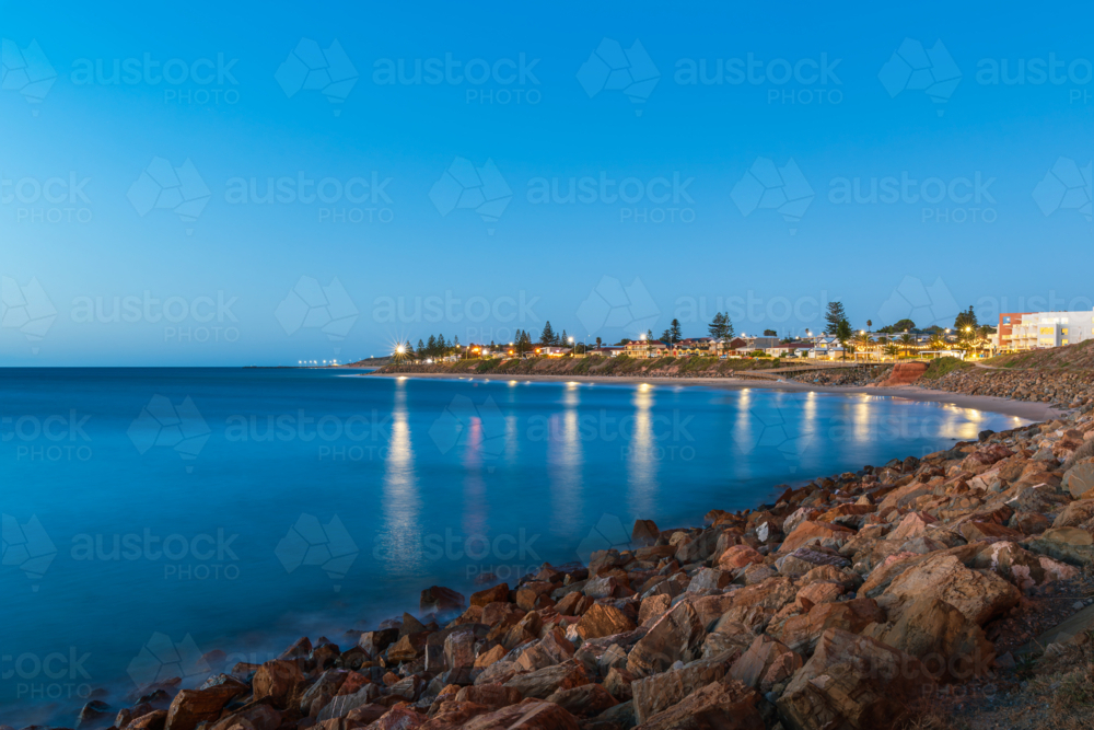 Christies Beach with Witton Bluff trail at dusk while viewed towards the Esplanade - Australian Stock Image