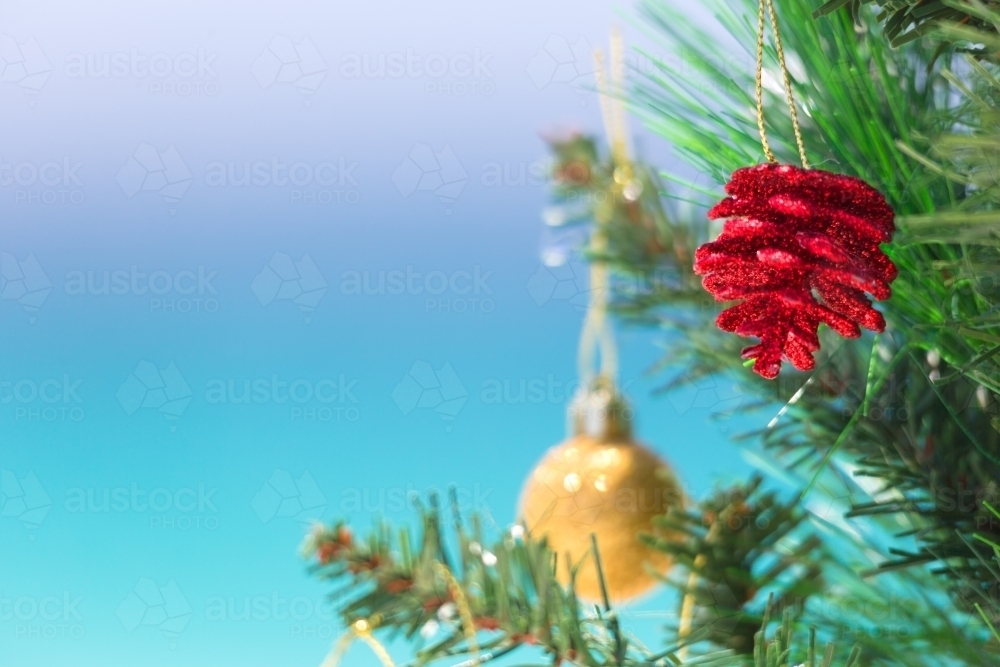 Christmas beach background. Christmas tree closeup shallow dof with beach blur - Australian Stock Image