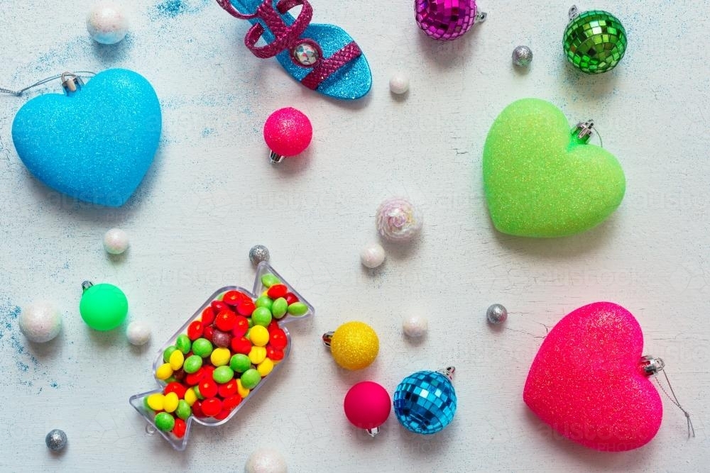 Image of christmas decorations in bright neon colours  Austockphoto