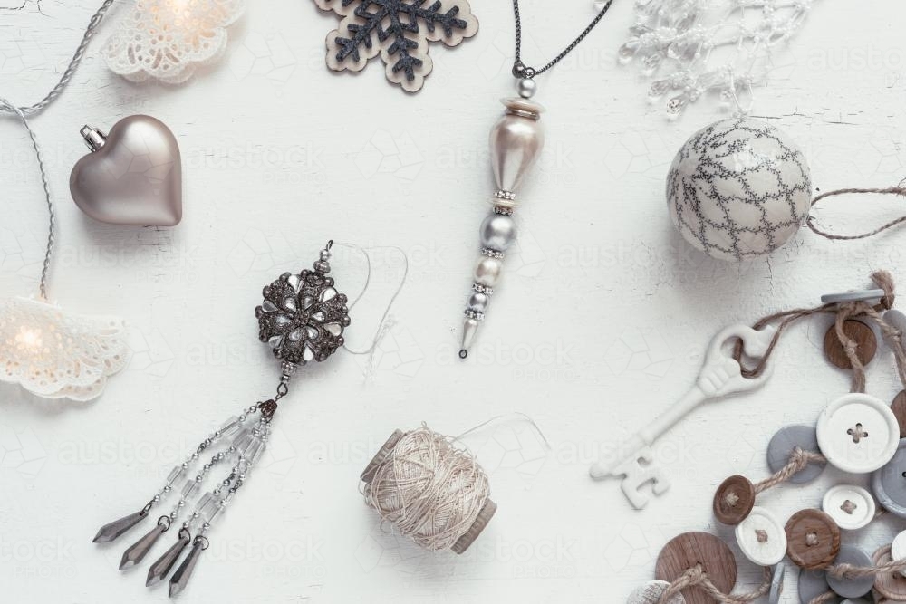 christmas decorations with a vintage silver theme - Australian Stock Image
