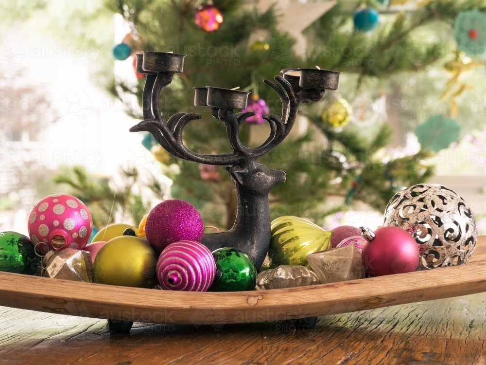 Image Of Christmas Table Decorations With Tree In The Background Austockphoto