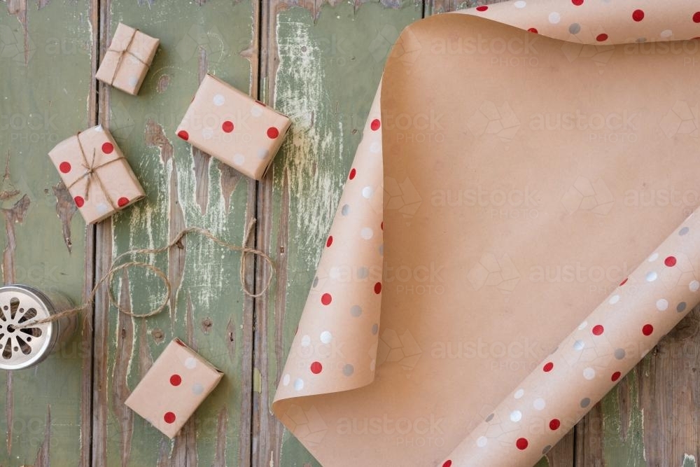 christmas wrap with string and tags - Australian Stock Image