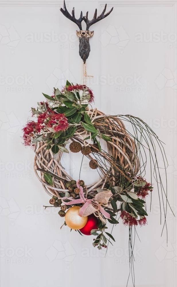 Christmas wreath with gum nuts and Christmas bush - Australian Stock Image