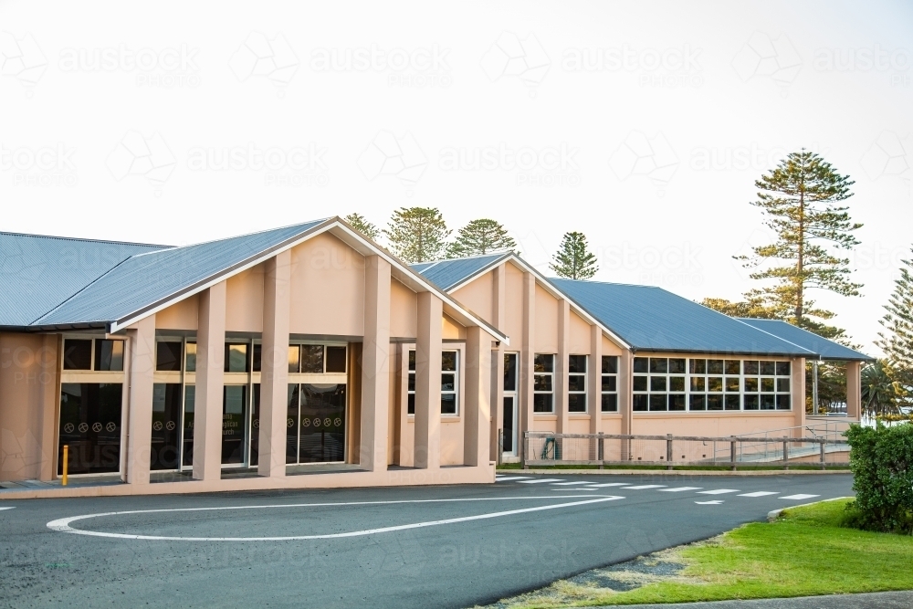 Church building with white clear space sky - Australian Stock Image