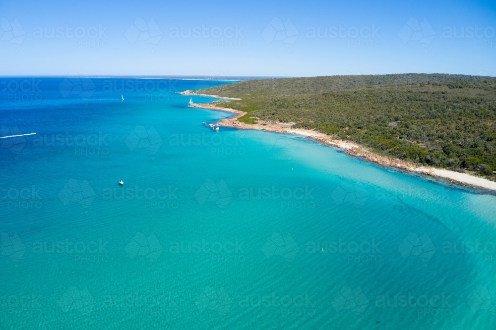 Clear waters and the coastline at Meelup Beach, Dunsborough, Western Australia - Australian Stock Image