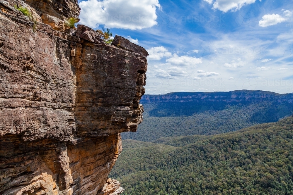 Cliffs and valley of gum trees near the three sisters in the blue mountains - Australian Stock Image