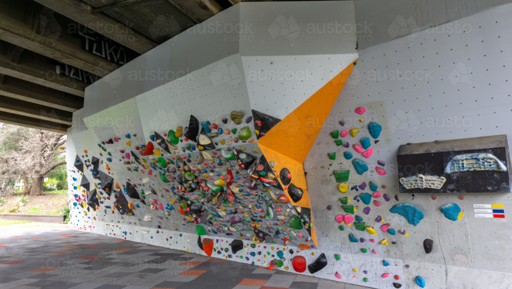 Climbing / bouldering wall under a bridge - Australian Stock Image