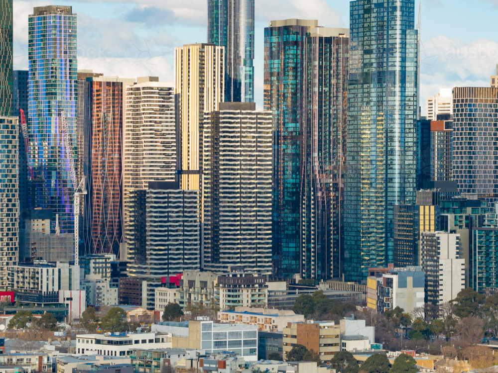 Image of Close up aerial view of highrise buildings and towers in a ...