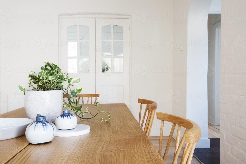 Close up details of scandi styled decor in contemporary dining room home interior - Australian Stock Image