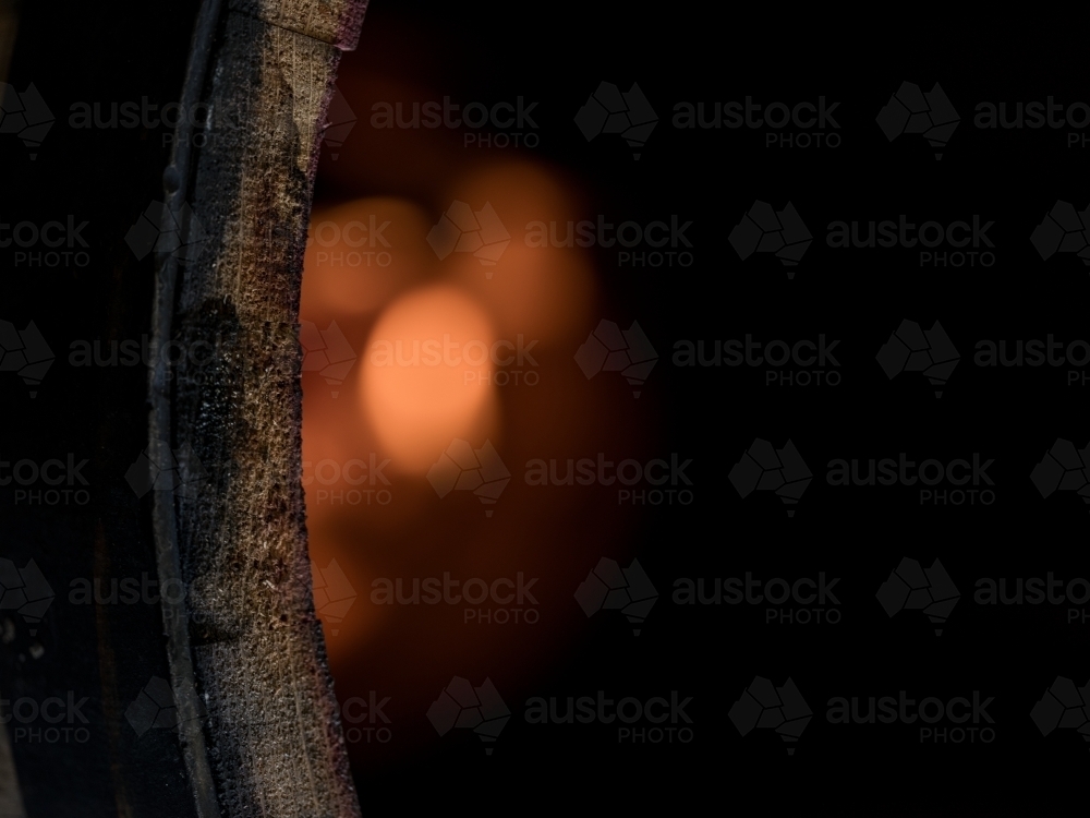 Close-up of a charred whisky barrel rim - Australian Stock Image