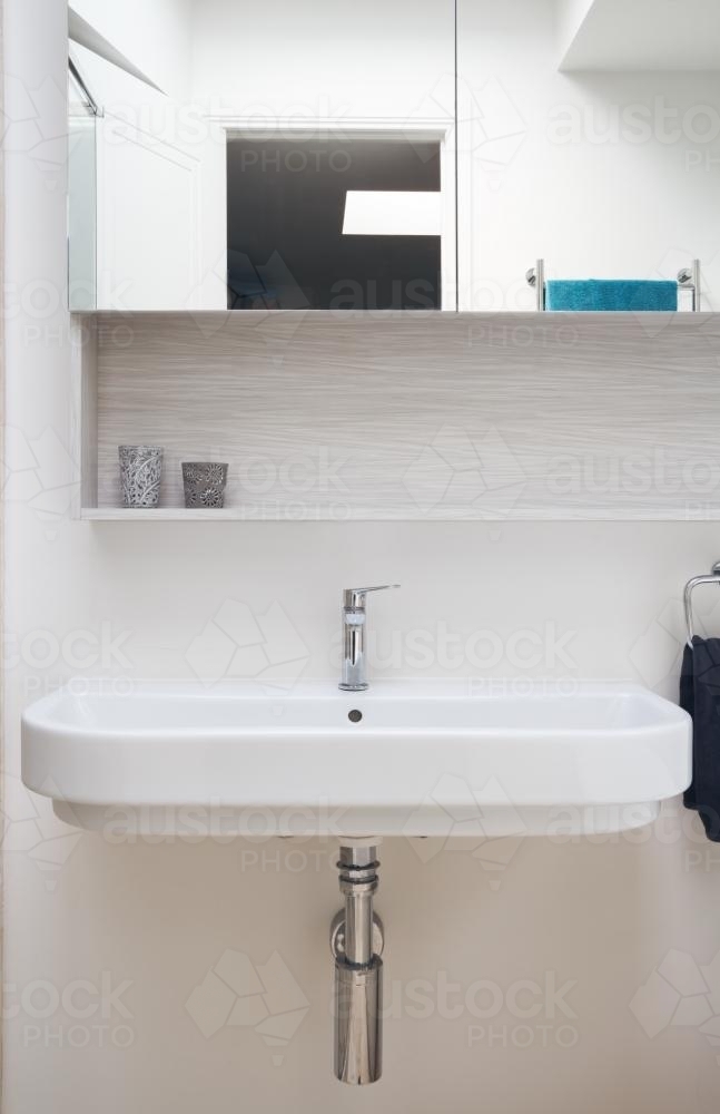 Close up of a contemporary wall hung vanity in luxury bathroom - Australian Stock Image