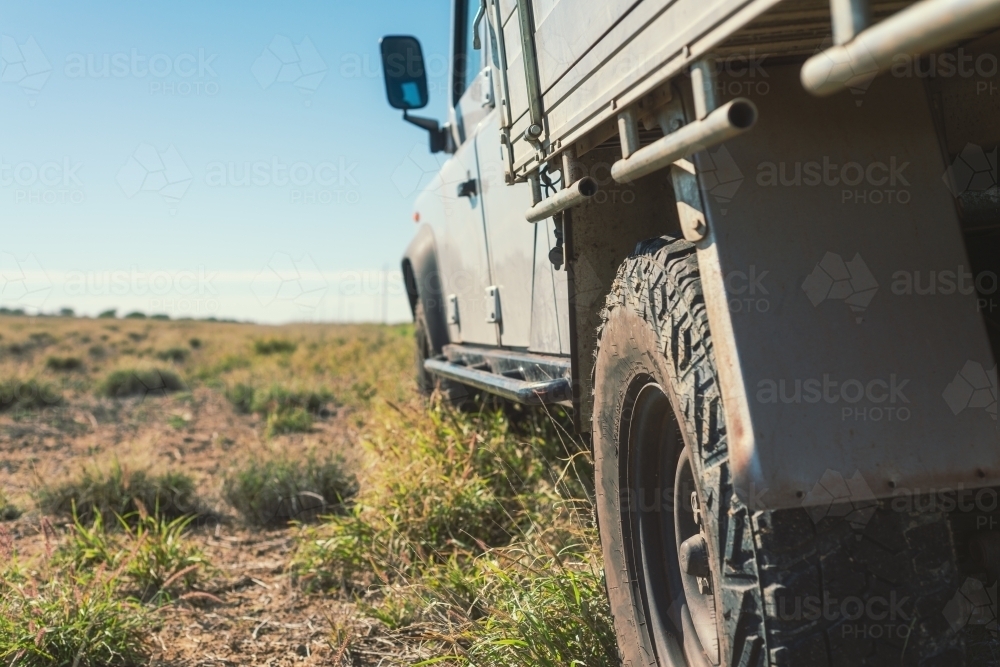 close up of a four wheel drive and tyre in outback Queensland - Australian Stock Image