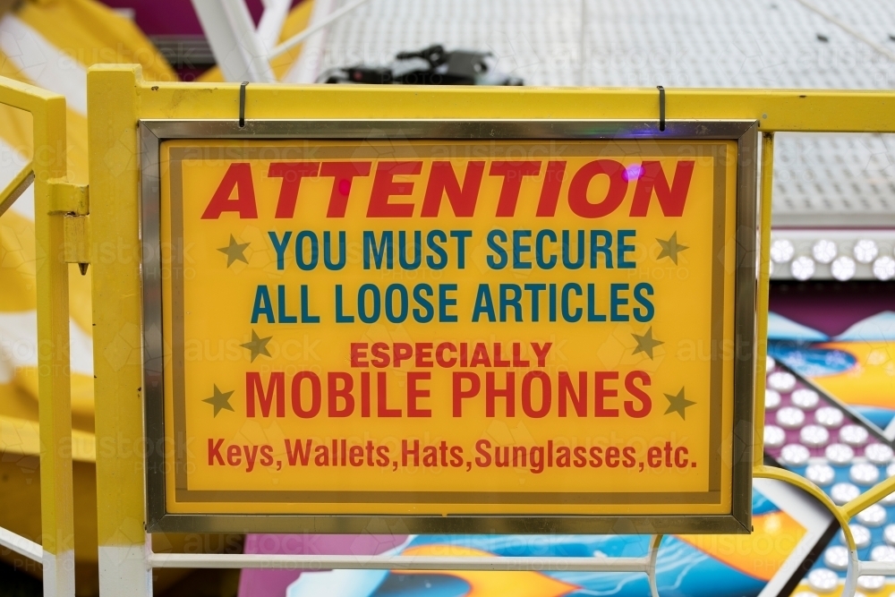 Close up of attention signage the Royal Melbourne Show - Australian Stock Image