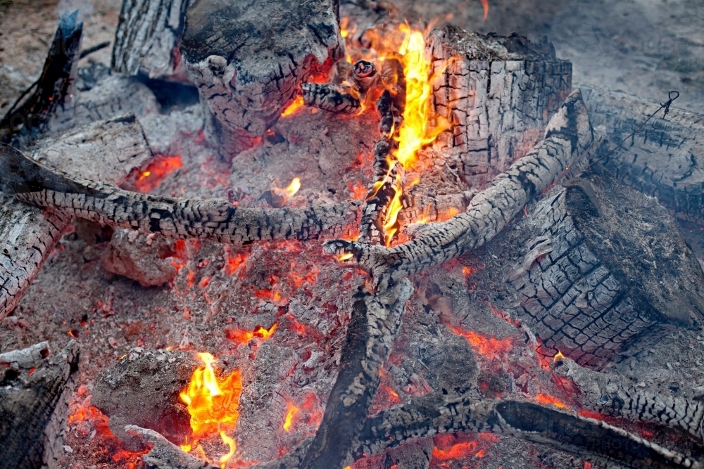 Close up of burning camp fire outdoors - Australian Stock Image
