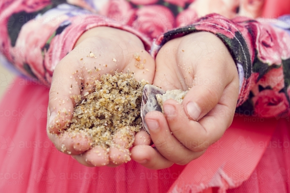 Close up of childs hands holding sand and shells - Australian Stock Image