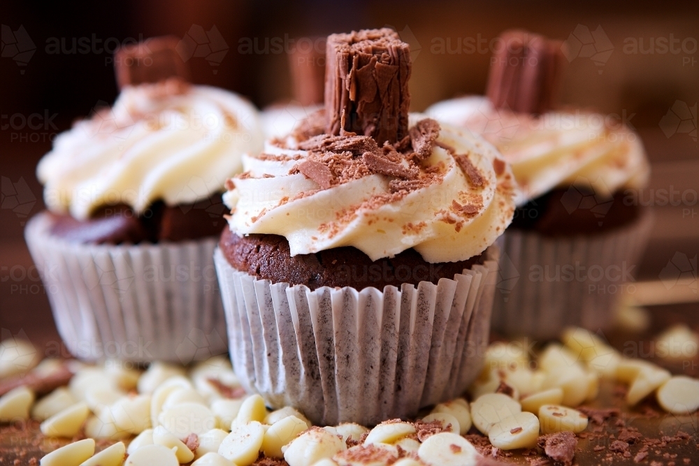 Close up of chocolate flake cupcakes - Australian Stock Image