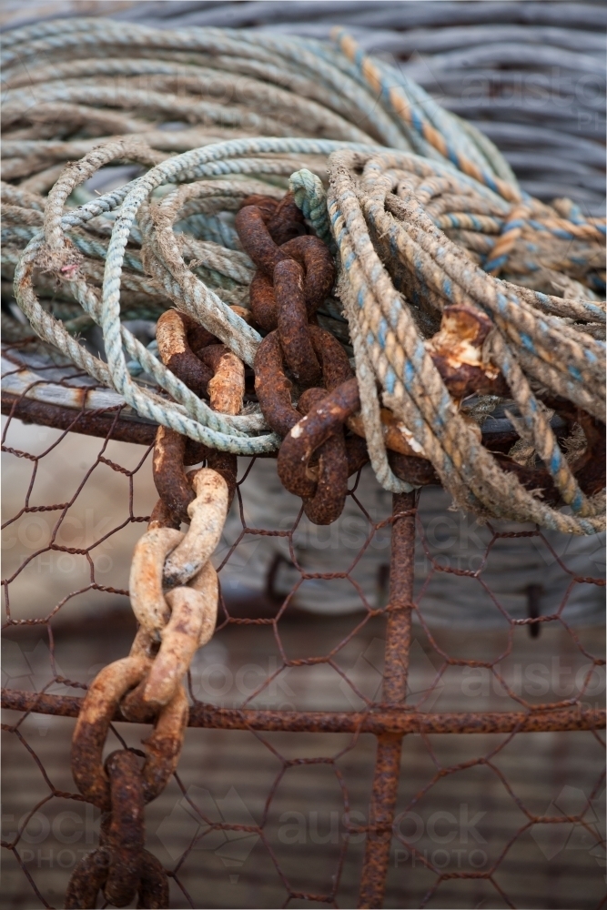 close up of cray pot, rope and chain - Australian Stock Image