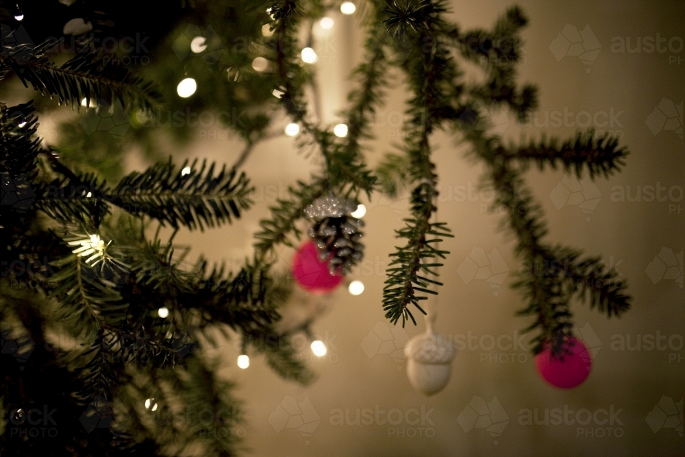Close up of decorations on a christmas tree - Australian Stock Image