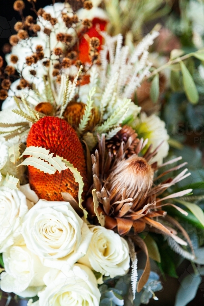 Close up of floral arrangement for bridesmaid wedding bouquet - Australian Stock Image