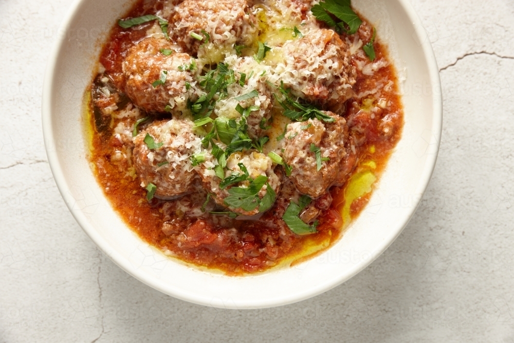 Image of Close up of gourmet meatballs in bowl Austockphoto