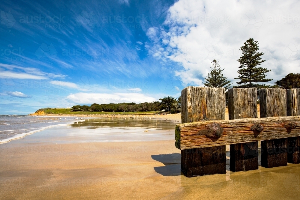 Close up of groyne at regional beach - Australian Stock Image