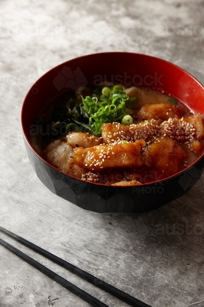Close up of Japanese chicken noodle soup - Australian Stock Image