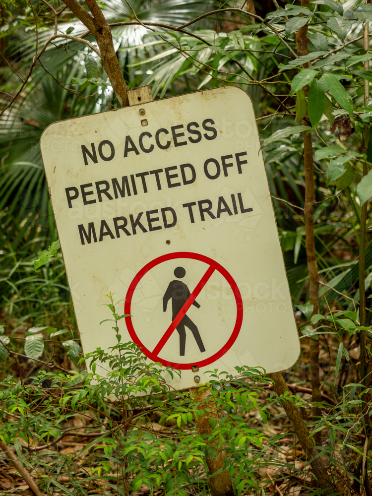 Close up of no access sign in green rainforest plants - Australian Stock Image