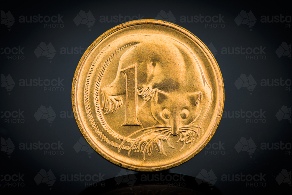 Close-up of one cent coin featuring feathertail glider design - Australian Stock Image