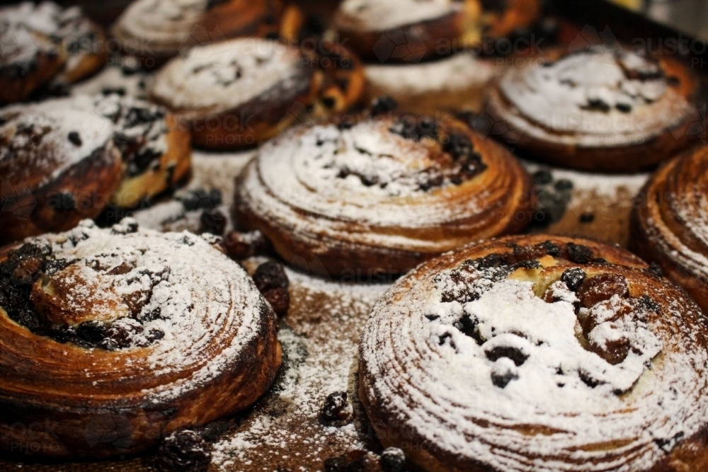 Close up of pain aux raisin pastries on baking tray dusted with icing sugar - Australian Stock Image