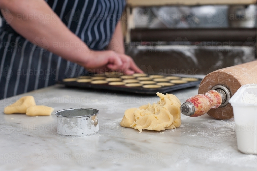close up of pastry, cutter and rolling pin - Australian Stock Image